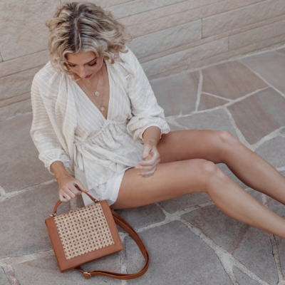Ace and Jet Heather Top Handle Bag Tan Rattan and Leather
